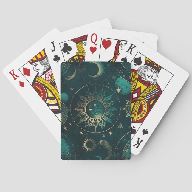 Celestial Green and Gold: Elegant Playing Cards (Back)