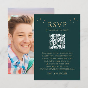 Celestial Green Gold Budget QR Code RSVP Photo Enclosure Card