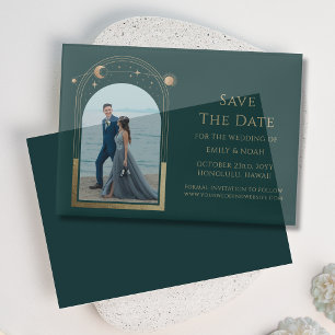 Celestial Green Gold Photo Wedding Save The Date Vellum Invitations