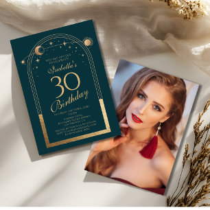 Celestial Green Gold Sun Moon Stars 30th Birthday Invitation
