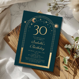 Celestial Green Gold Sun Moon Stars 30th Birthday Invitation