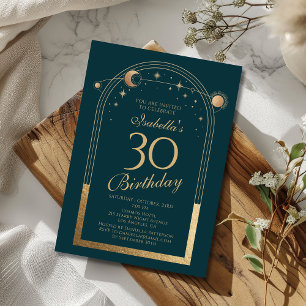 Celestial Green Gold Sun Moon Stars 30th Birthday Invitation