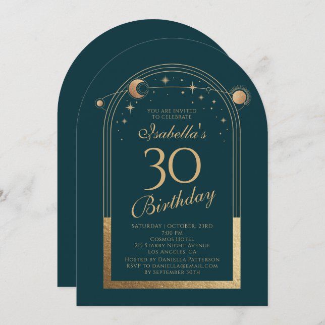 Celestial Green Gold Sun Moon Stars 30th Birthday Invitation (Front/Back)