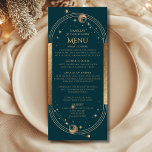 Celestial Green Gold Sun Moon Stars 30th Birthday Menu<br><div class="desc">Celestial Green Gold Sun Moon Stars 30th Birthday Menu Cards features a golden sun,  moon and stars on a green background with your menu details in the centre in modern gold calligraphy script. Personalise by editing the text in the text boxes provided. Designed for you by Evco Studio www.zazzle.com/store/evcostudio</div>