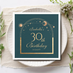 Celestial Green Gold Sun Moon Stars 30th Birthday Napkin