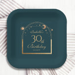 Celestial Green Gold Sun Moon Stars 30th Birthday Paper Plate<br><div class="desc">Celestial Green Gold Sun Moon Astronomy 30th Birthday Paper Plates features an elegant gold sun,  moon and stars with a golden frame on a green background. Inside is your custom thirtieth birthday information. Personalise by editing the text in the text boxes. Designed for you by Evco Studio www.zazzle.com/store/evcostudio</div>
