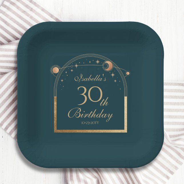 Celestial Green Gold Sun Moon Stars 30th Birthday Paper Plate (Creator Uploaded)