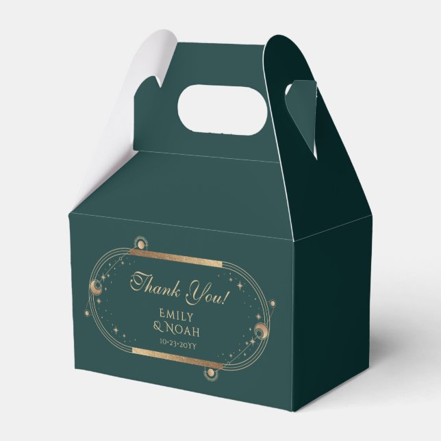 Celestial Green Gold Sun Moon Stars Wedding Favour Box (Front Side)