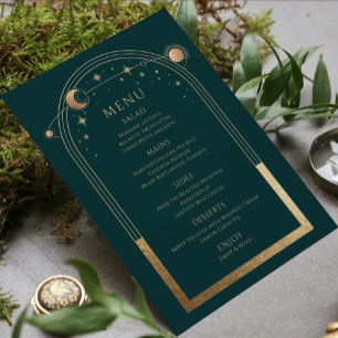 Celestial Green Gold Sun Moon Stars Wedding Menu