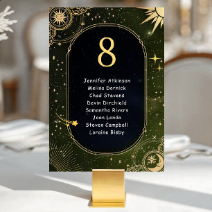 Celestial Green Olive Shooting Star Wedding Table Number