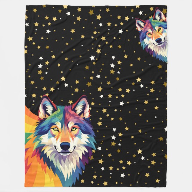 Celestial Guardians – Rainbow & Natural Wolves Ben Fleece Blanket (Front)