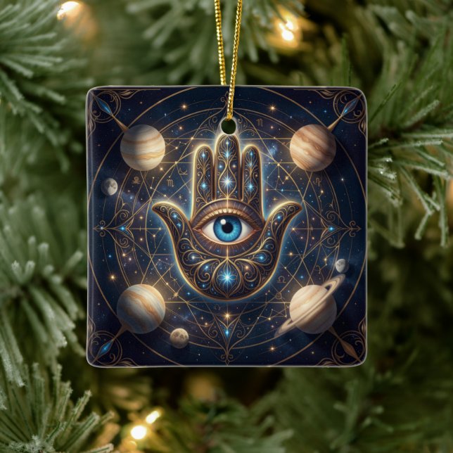 Celestial Hamsa Hand & Evil Eye Cosmic Protection  Ceramic Ornament (Tree)