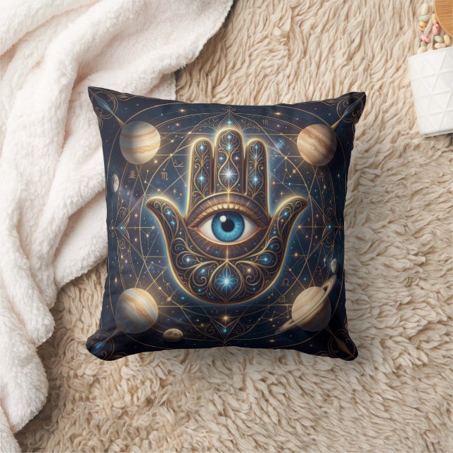 Celestial Hamsa Hand & Evil Eye Cosmic Protection  Cushion (Blanket)
