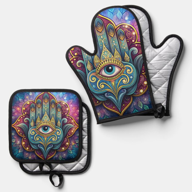 Celestial Hamsa  Oven Mitt & Pot Holder Set (Front/Back)