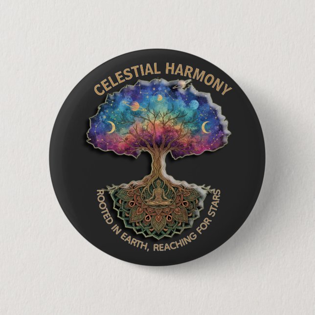 Celestial Harmony Tree | Cosmic Meditation Mandala 6 Cm Round Badge (Front)