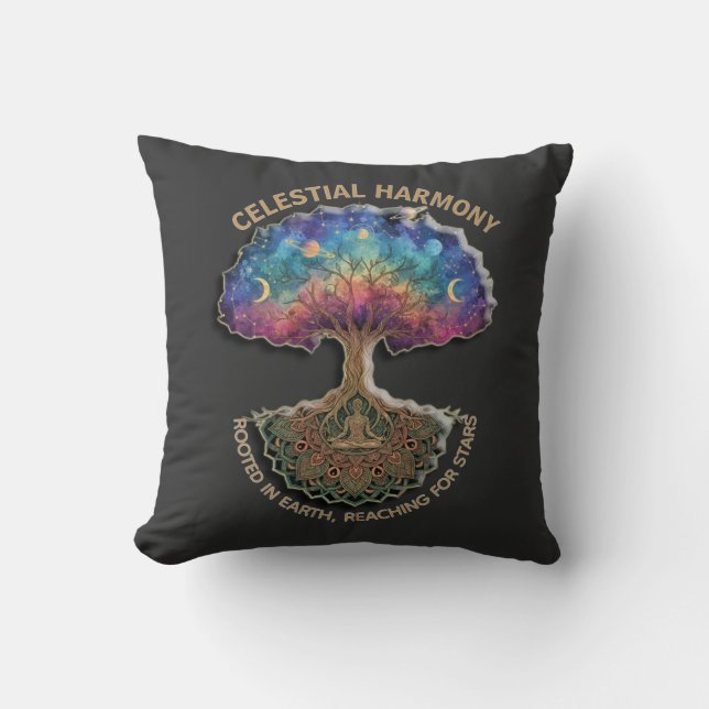 Celestial Harmony Tree | Cosmic Meditation Mandala Cushion (Front)
