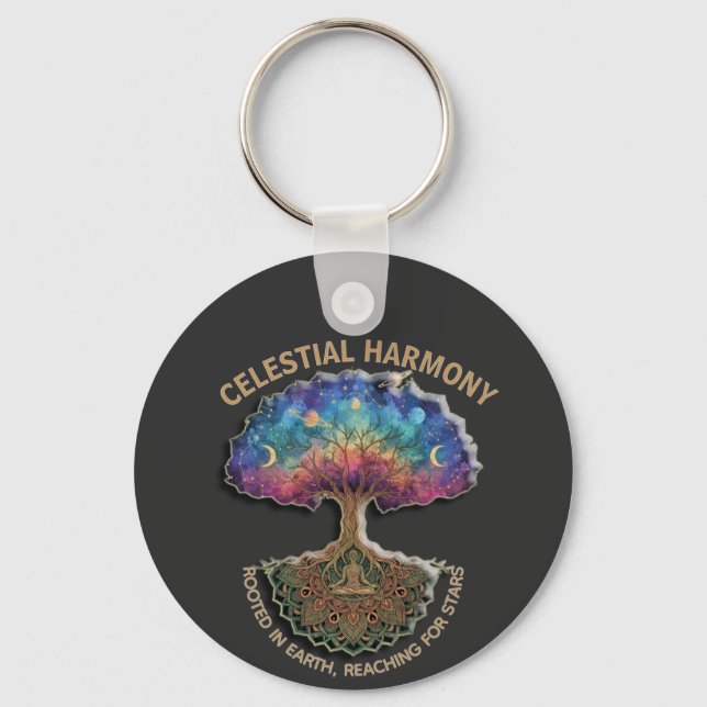 Celestial Harmony Tree - Cosmic Meditation Mandala Key Ring (Front)