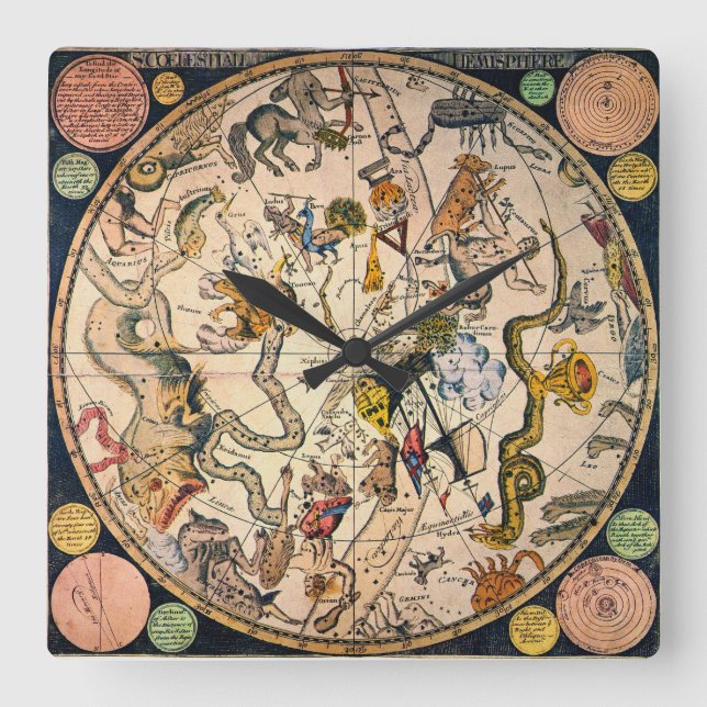 Celestial Hemisphere, 1790 Square Wall Clock (Front)