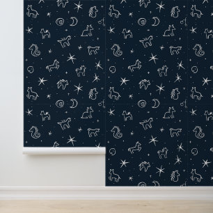 Celestial Horoscope Night Sky Pattern Wallpaper