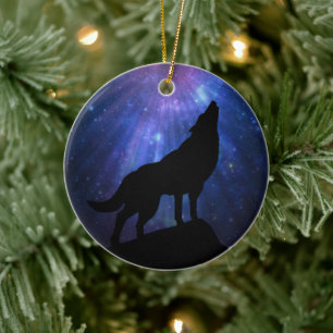 Celestial Howling Wolf Ceramic Tree Decoration