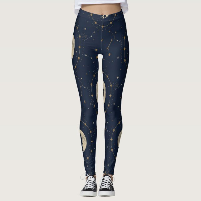 Celestial Howling Wolf Moon Pattern Leggings (Front)