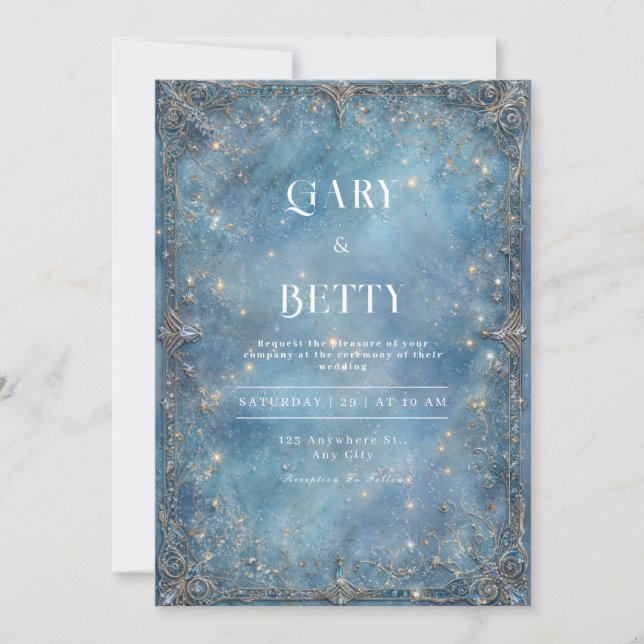Celestial Ice Blue Stardust Wedding Invitation (Front)