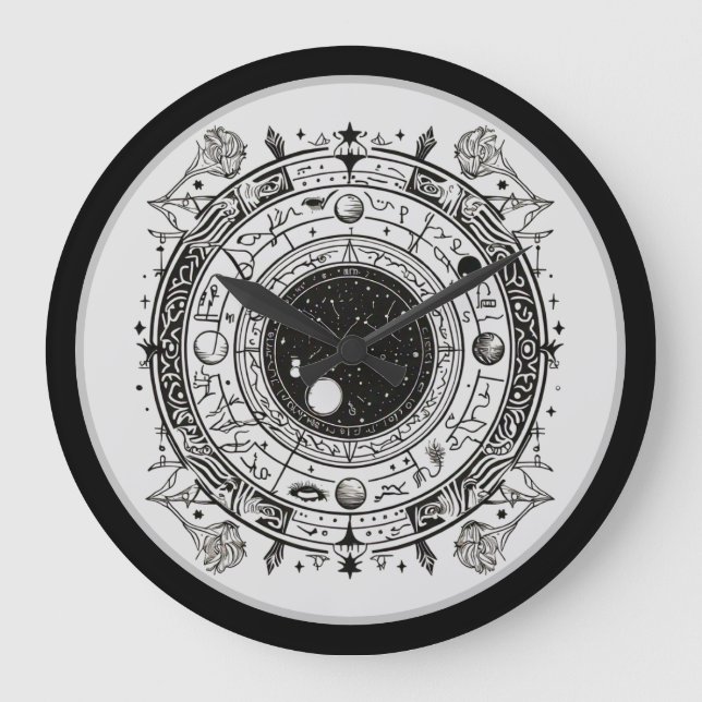 Celestial Impressions: Black and White Astrology  Large Clock (Front)