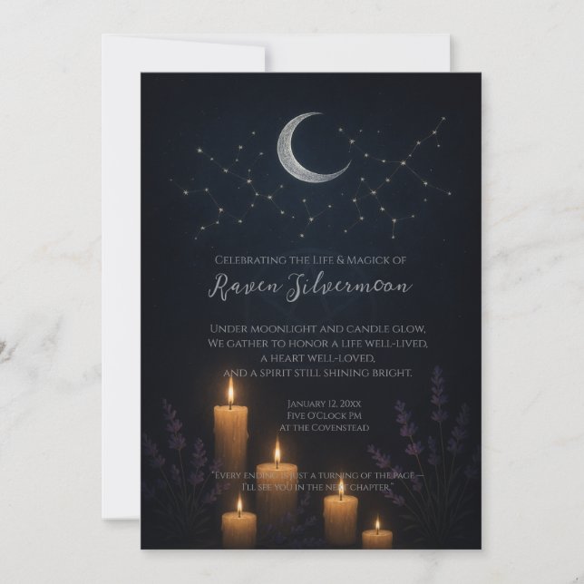 Celestial Indigo Pagan Witch Funeral Memorial Invitation (Front)
