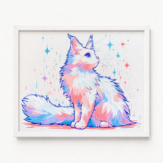 Celestial Lavender Maine Coon Cat Impasto Painting Poster