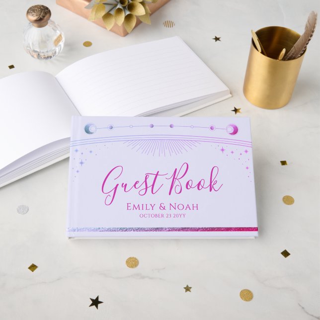 Celestial Lavender Pink Sun Moon Stars Wedding Guest Book (Front Open)