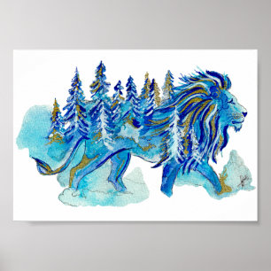 Celestial Lion of the Golden Forest Watercolor Poster