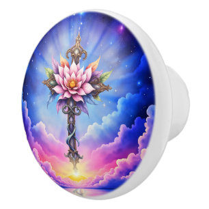 Celestial Lotus Cross Ceramic Knob