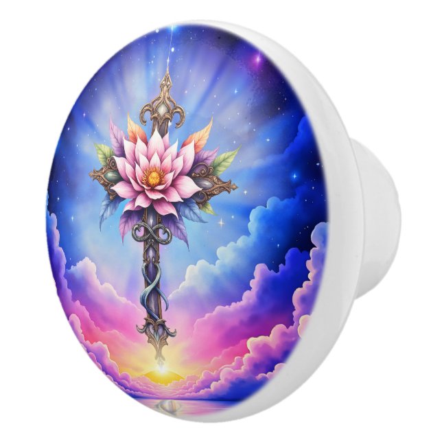Celestial Lotus Cross  Ceramic Knob (Right)