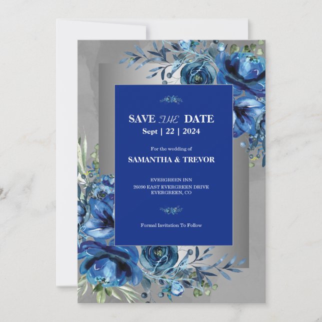 Celestial Love Silver, Blue Elegance Save The Date Invitation (Front)