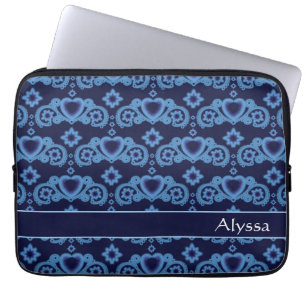 Celestial Love Stars Hearts Dark Blue Pattern Name Laptop Sleeve