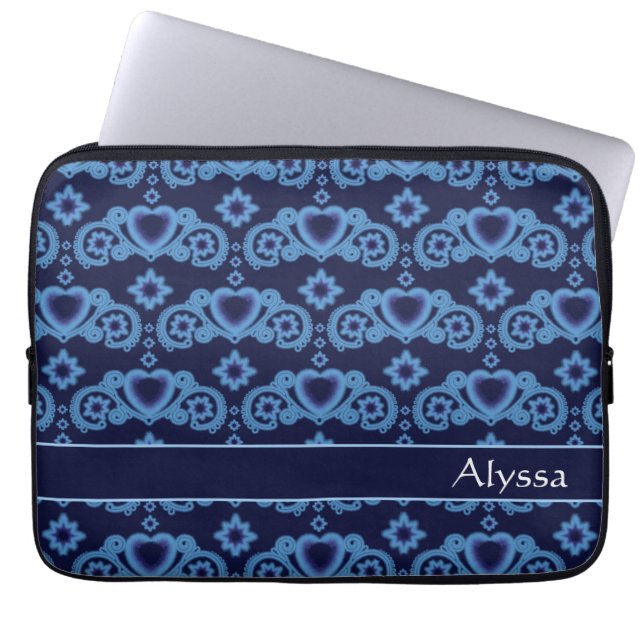Celestial Love Stars Hearts Dark Blue Pattern Name Laptop Sleeve (Front)
