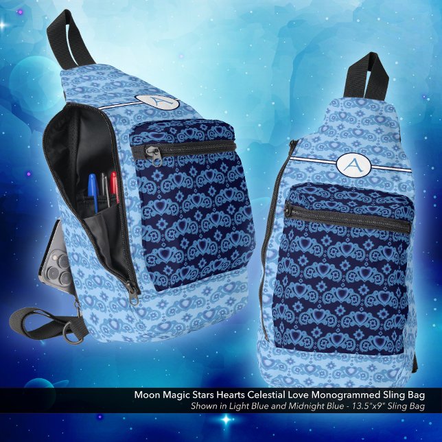 Celestial Love Stars Hearts Pattern Monogrammed Sling Bag (Moon Magic Stars Hearts Celestial Love Monogrammed Sling Bag)