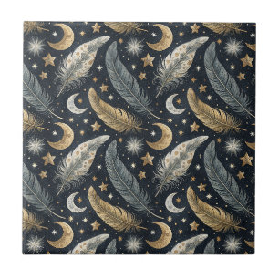 Celestial Magic Feathers Gold Moon & Stars Pattern Ceramic Tile