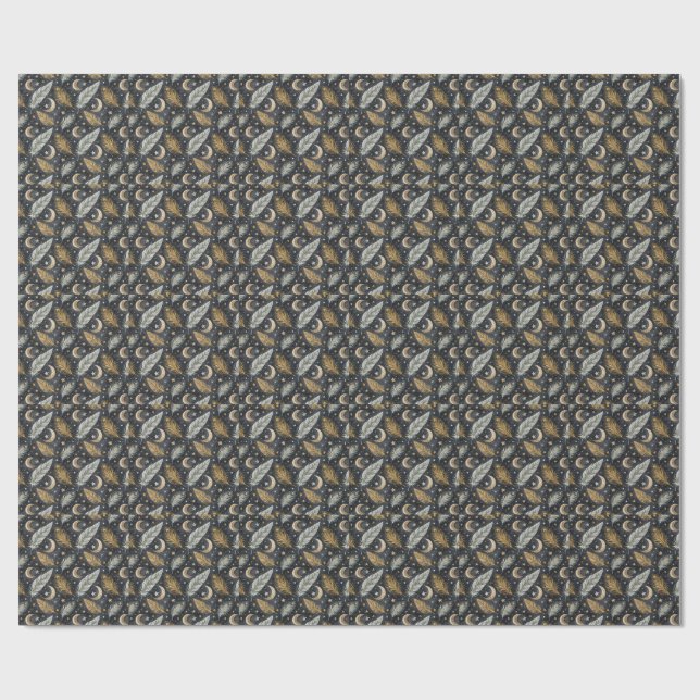 Celestial Magic Feathers Stars & Gold Moon Pattern Wrapping Paper (Flat)