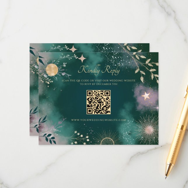 Celestial Magic Moon & Stars Emerald QR Code RSVP Enclosure Card (Front/Back In Situ)