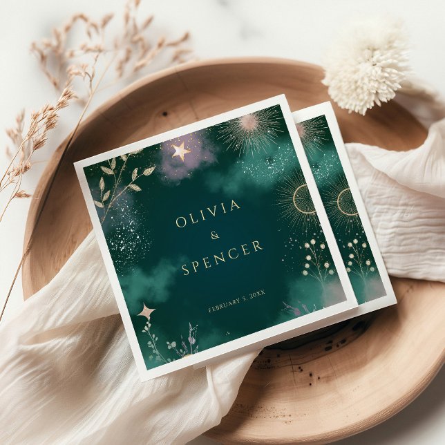 Celestial Magic Moon & Stars Emerald Wedding Napkin (Creator Uploaded)