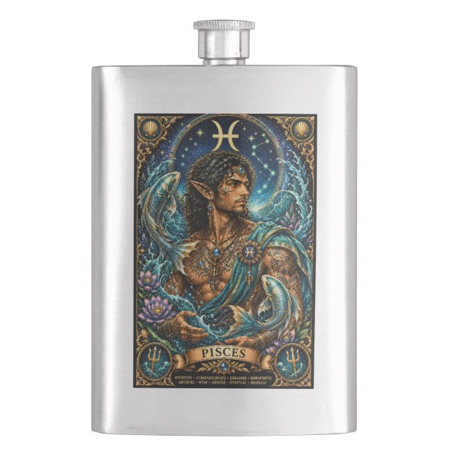  Celestial Masculine Zodiac Pisces design Hip Flask (Front)