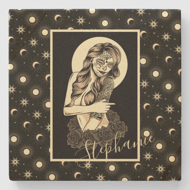 Celestial Meets Day of the Dead Design  Stone Coaster (Front)