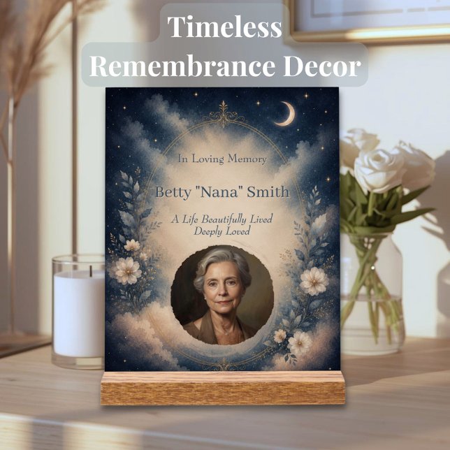 Celestial Memorial Acrylic Sign | Personalised (Elegant celestial memorial acrylic sign with personalized photo and soft spiritual artwork.)
