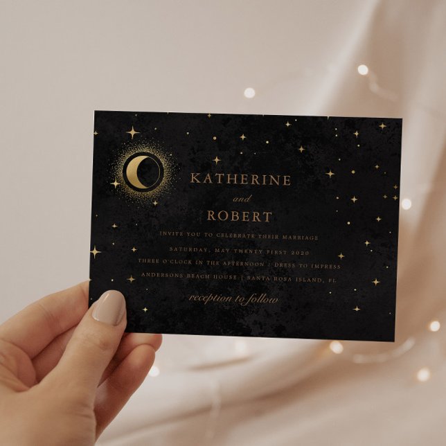 Celestial Midnight Black Crescent Moon Wedding   Invitation (Creator Uploaded)