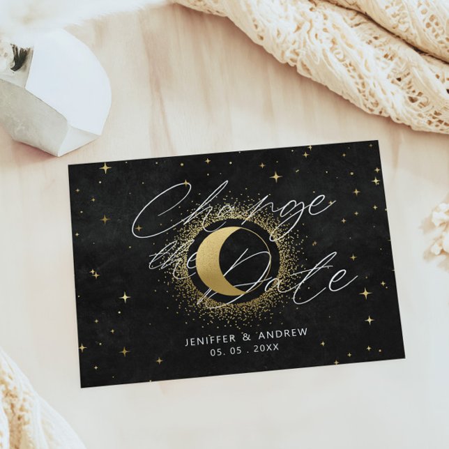 Celestial Midnight Black Gold Change the Date Postcard (Creator Uploaded)