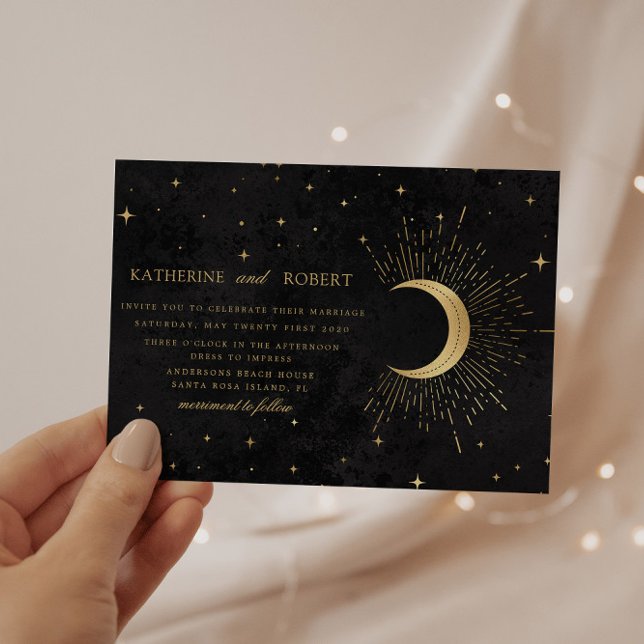Celestial Midnight Black Gold Stars Wedding  Invitation (Creator Uploaded)
