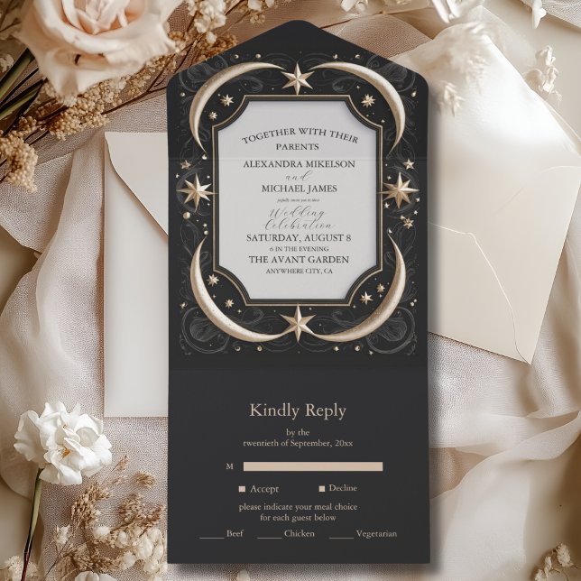 Celestial Midnight Black Stars Moon Wedding All In One Invitation (Creator Uploaded)
