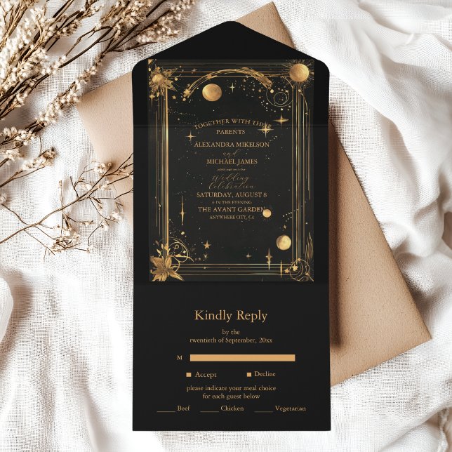 Celestial Midnight Black Stars Moon Wedding All In One Invitation (Creator Uploaded)