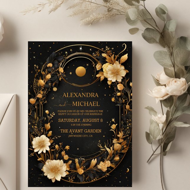 Celestial Midnight Black Stars Moon Wedding Invitation (Creator Uploaded)